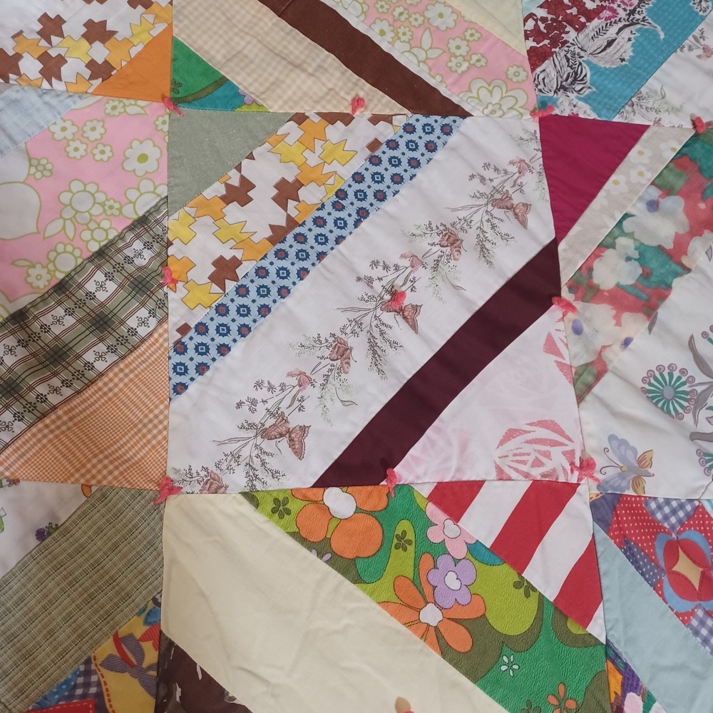 Vintage Handmade Crazy String Scrap Quilt Mid‎ Century Patchwork Barkcloth - Picture 10 of 14
